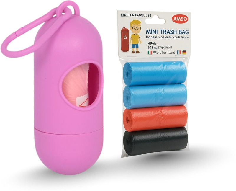 Amso Portable Diaper Garbage Bag Holder with Multi-Color Refill Rolls (1 Capsul and 4 Multi Color Garbage Roll)(Pink)