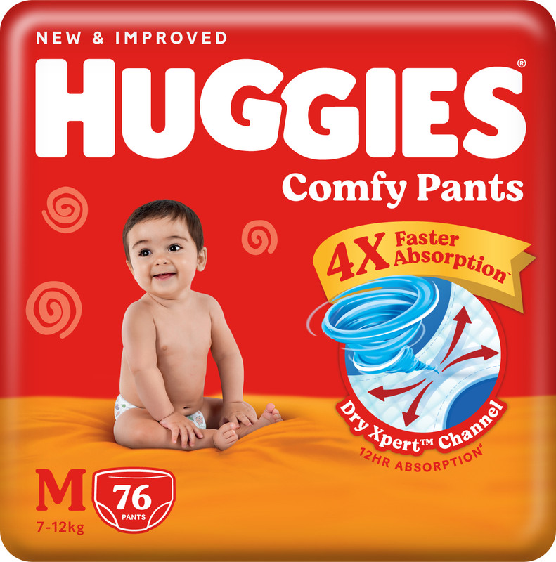 Huggies Comfy Baby Diaper Pants, Upto 50% Faster Absorption - M(76 Pieces)