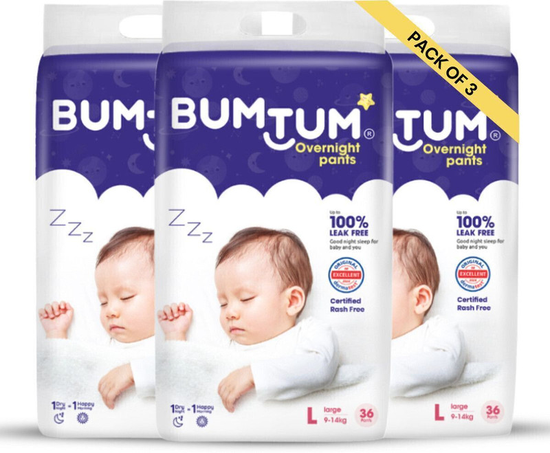 BUMTUM Baby Overnight Diaper Pants, Chamomile Microbial Layer Protection - L(108 Pieces)