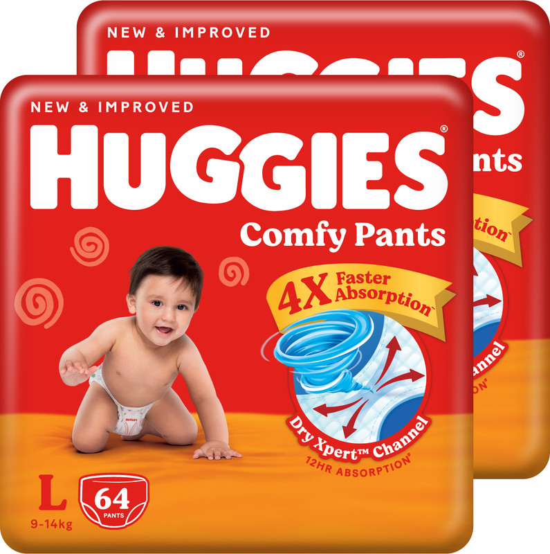 Huggies Comfy Baby Diaper Pants, Upto 50% Faster Absorption (64 X 2) - L(128 Pieces)