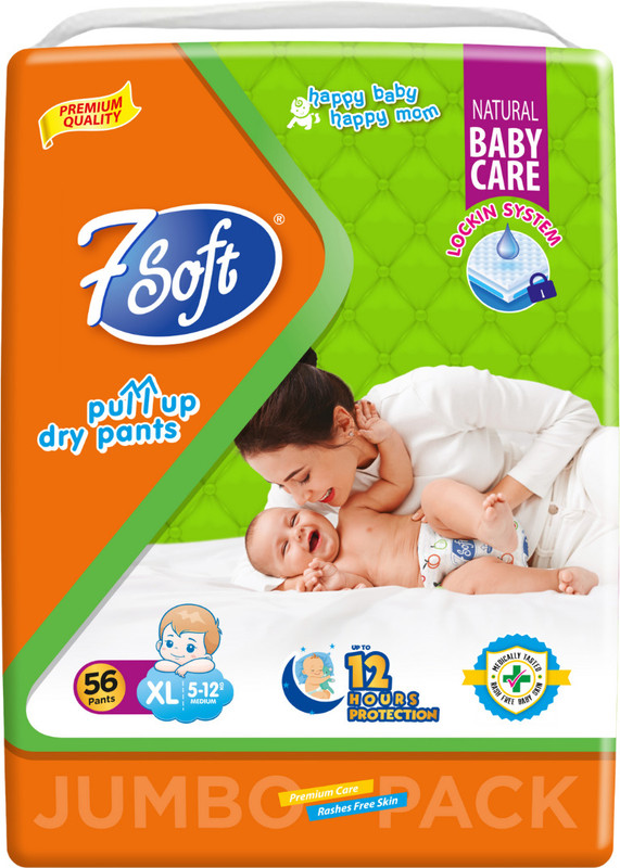 7 Soft Baby Diapers Pull-Up Pants Leak-Proof Protection for Babies. - XL(56 Pieces)