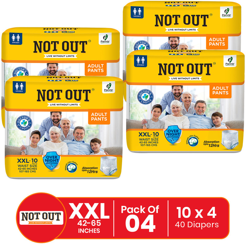 NOT OUT Pant Style Adult Diaper | Waist Size 42-65 Inch | 12-Hour Overnight Protection Pant Diapers - XXL(40 Pieces)
