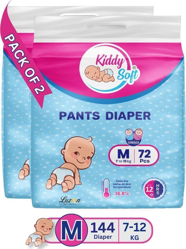 KiddySoft Baby Diaper Pant Style| 5 Layer All Night Leakage Protection & Quick Absorbency - M(144 Pieces)