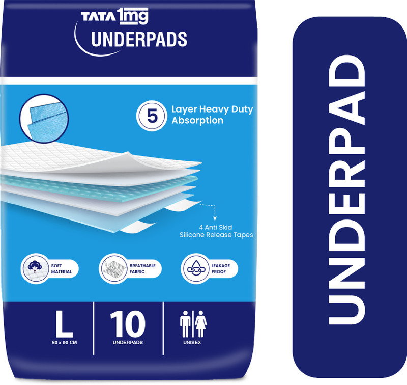 TATA 1mg Underpad with 5 Layer Heavy Absorption, Supersoft & Breathable Fabric Adult Diapers - L(10 Pieces)