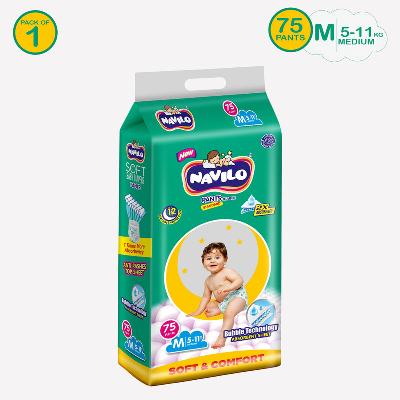 navilo Soft & Comfort Diaper Pants for Babies, 12Hr Absorption, 5-11kg - M(75 Pieces)