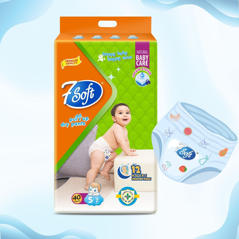 7 Soft Premium Baby Pull-Up Dry Pants – Size S (3–8 kg), Natural Baby Care - S(40 Pieces)
