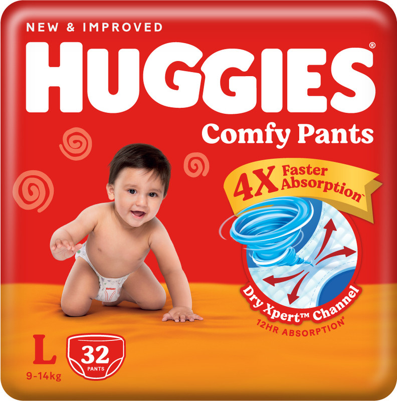 Huggies Comfy Baby Diaper Pants, Upto 50% Faster Absorption - L(32 Pieces)