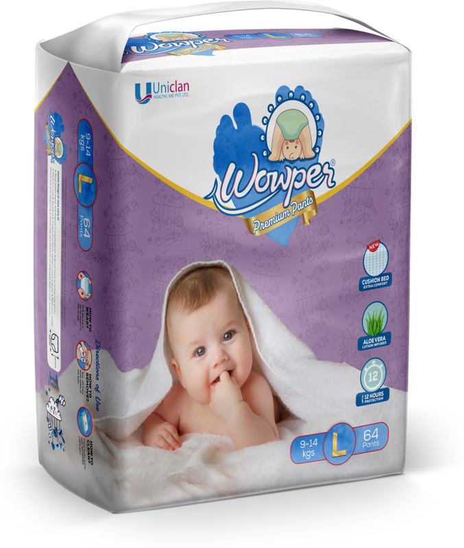 Wowper Baby Premium Diapers | up to 12 hrs Absorption | 9-14 Kg | Soft & Comfortable - L(64 Pieces)