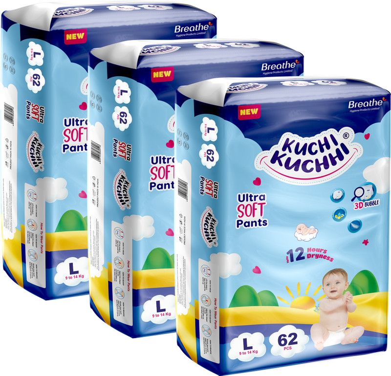KUCHI KUCHHI Premium super soft baby diaper with a 3D bubble top (Pack of 3) - L(186 Pieces)