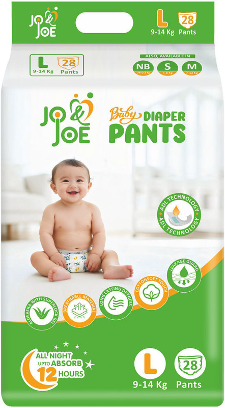 Jo & Joe Baby Diaper Pants, 12hrs Absorption, ADL Technology, Large (9-14kg), Pack of 1 - L(28 Pieces)