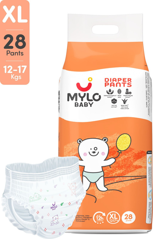 MYLO Baby Diaper Pants | Super Absorbent with Aloe Vera | Leak Proof | Anti Rash - XL(28 Pieces)
