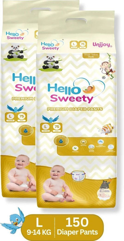 unijoy Hello Sweety Baby Diaper Pants-Fast Absorption & Cottony Soft Feel | Pack of 2 - L(150 Pieces)
