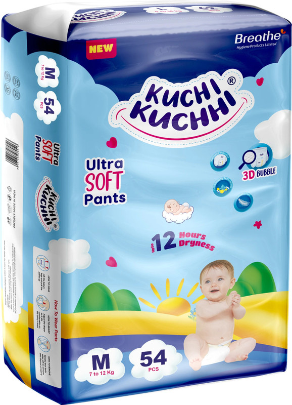 KUCHI KUCHHI Premium super soft baby diaper with a 3D bubble top - M(54 Pieces)