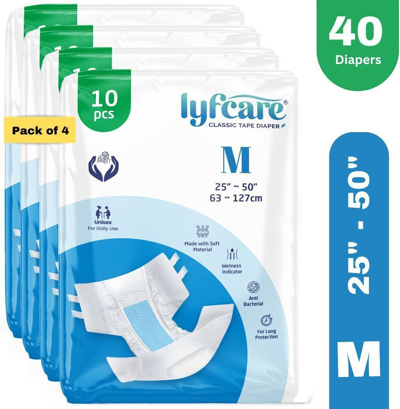 lyfcare Classic Tape Style | Unisex | Medium | Waist Size (25-50 Inch) | Pack of 3 | Adult Diapers - M(30 Pieces)