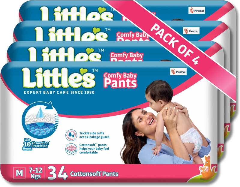 Little's Comfy Baby Pants, Standard, Medium, 34 Count With 10 Hours Absorption Protection - M(136 Pieces)