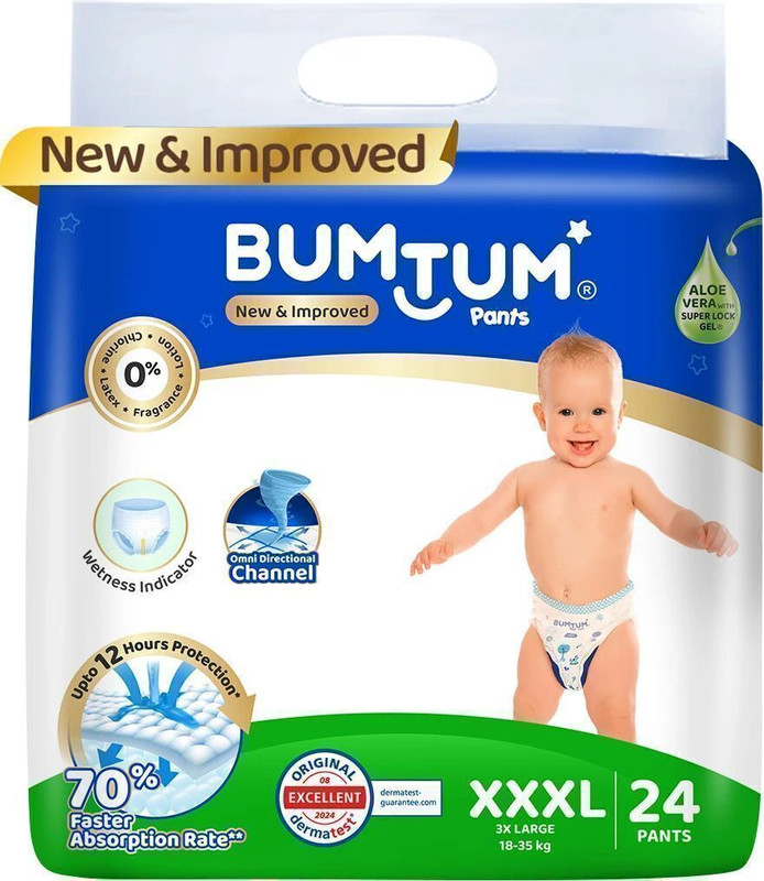 BUMTUM Baby Diaper Pants Double Layer Leakage Protection High Absorb Technology - XXXL(24 Pieces)