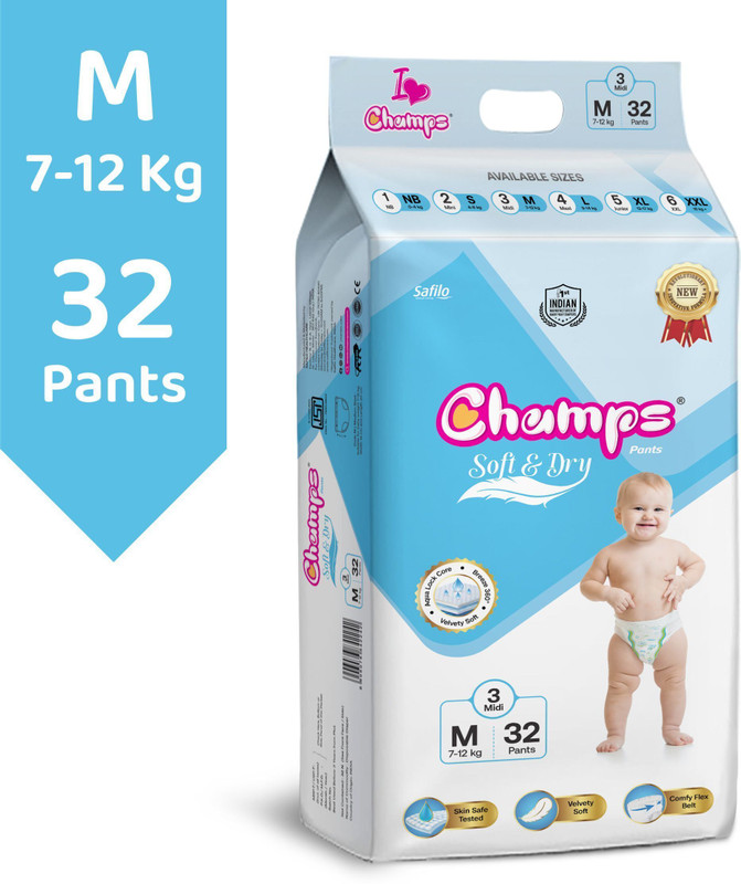 Champs Soft & Dry Pant Style Baby Diapers | Long-lasting Leakage Protection | Pack of 1 - M(32 Pieces)