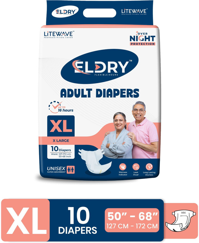 Eldry Adult Tape Style Unisex Diaper Waist Size (50-68 Inch | 127-172 cm) Adult Diapers - XL(40 Pieces)