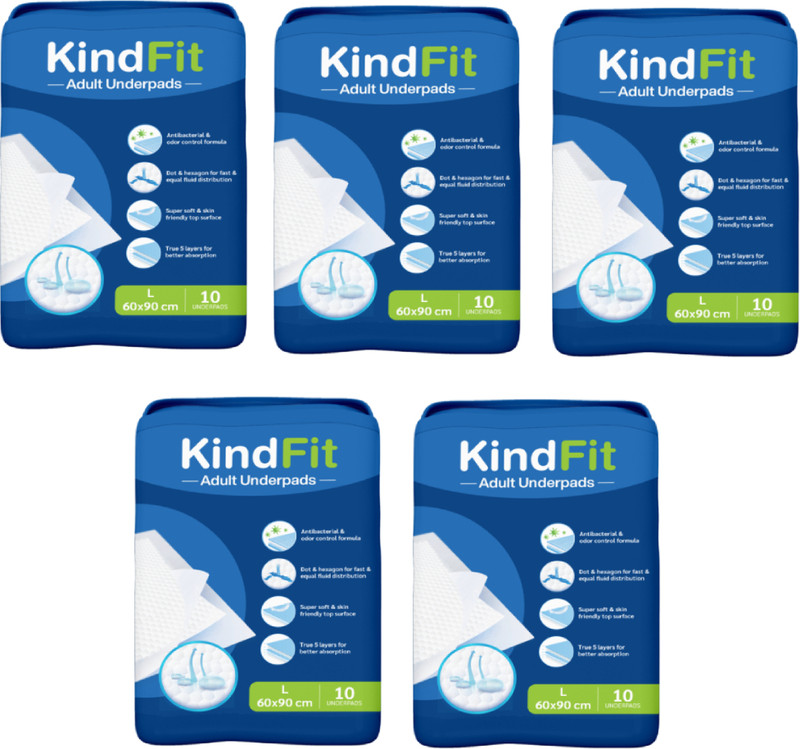 KINDFIT Disposable Underpads, 60x90 cm, 10 Pcs/Pack (Pack of 5) Adult Diapers Adult Diapers - L(50 Pieces)