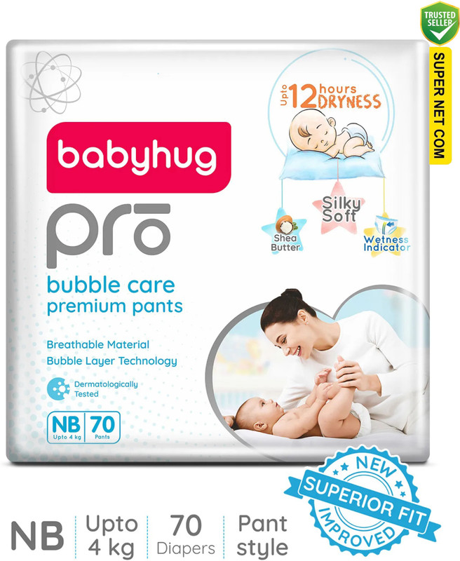 babyhug Bubble Care Premium Pant Style Diaper With Active Gel , Upto 12 Hour Dryness - New Born(70 Pieces)