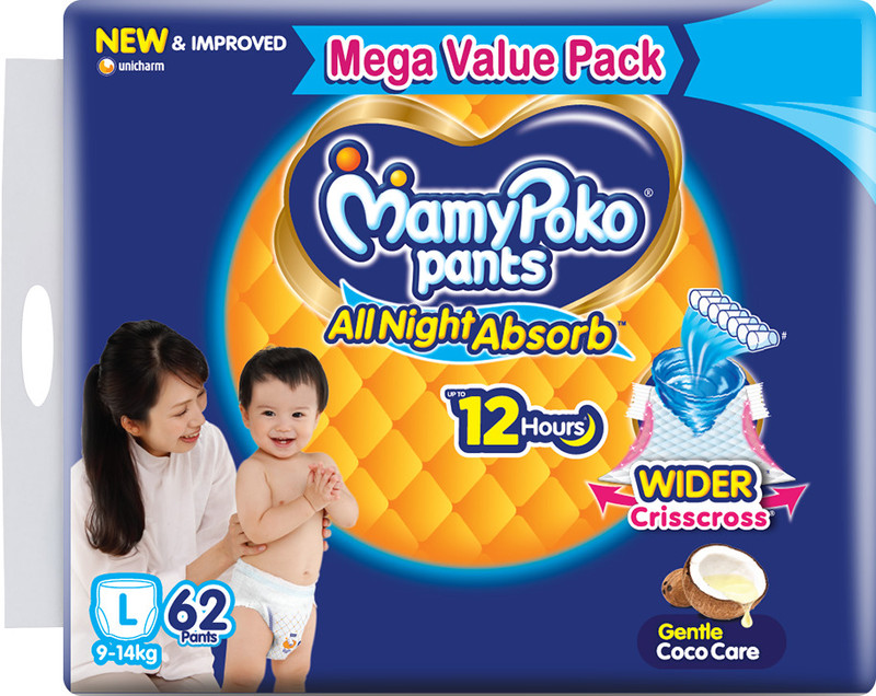 MamyPoko Pants All Night Absorb,Coco Care & 12hr Leakage Protection - L(62 Pieces)