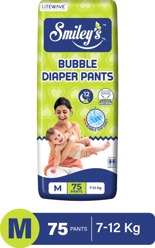 LITEWAVE Smiley's Bubble Baby Diaper Pants Up to 12 Hours Protection | 7- 12 kg - M(75 Pieces)