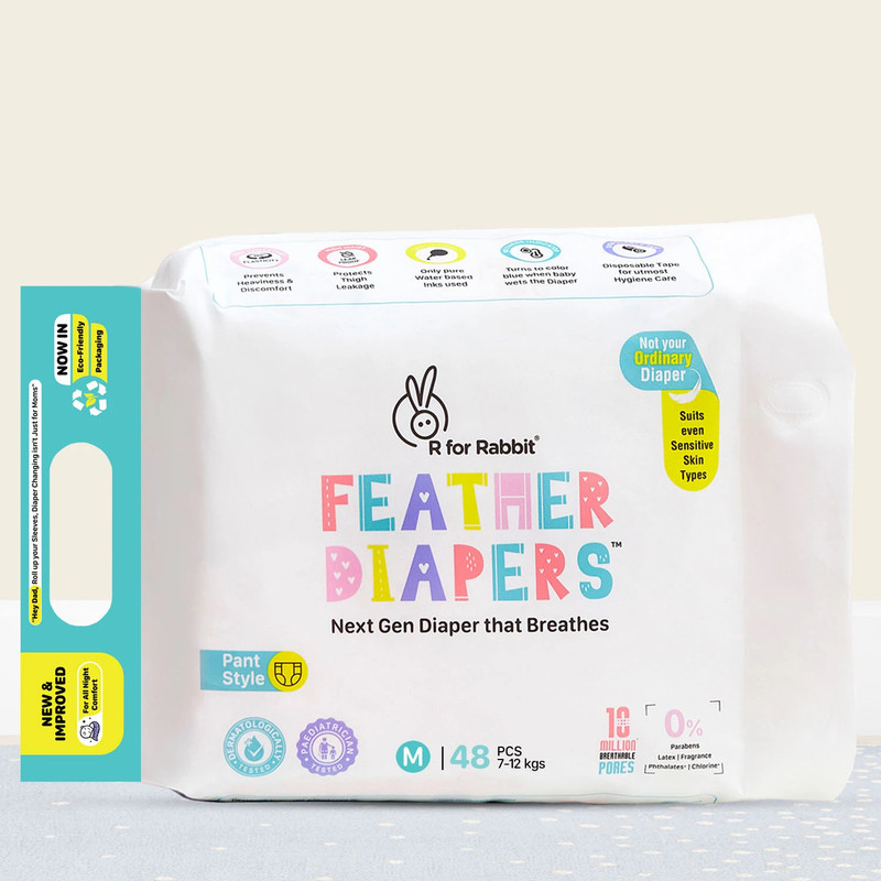 R for Rabbit Feather Diaper Pants for Baby, Medium - Pack of 1 x 48, 48 Diapers - M(48 Pieces)