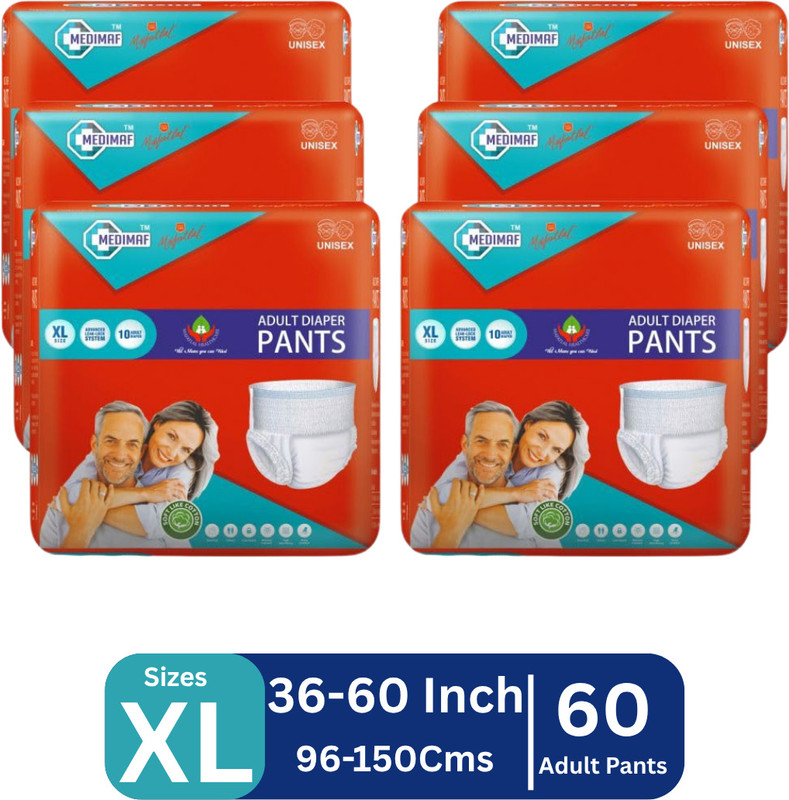 MEDIMAF by MAFATLAL Adult Diaper Pants XL (36-60 in / 90-150 cm) - 60 Count | Unisex Adult Diapers - XL(60 Pieces)