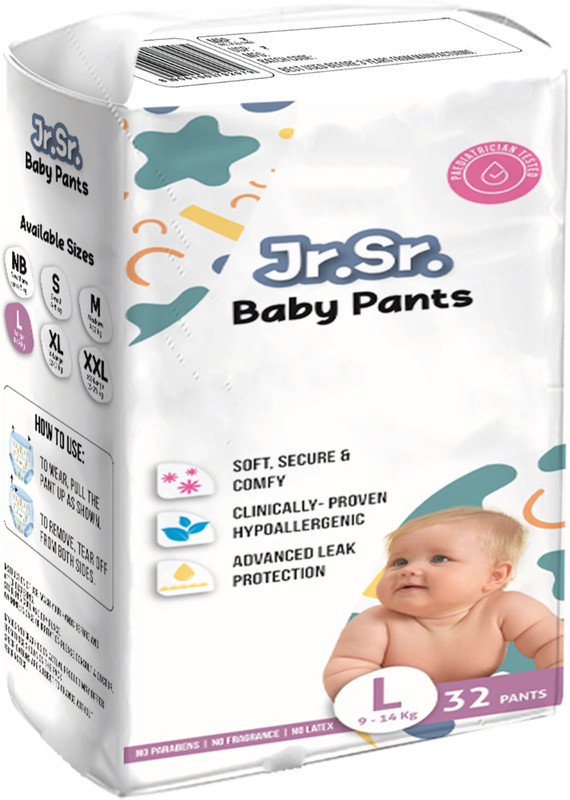 Jr. Sr. Baby Diaper Pants with Super Soft & Breathable Comfort | Upto 12 hrs Protection - L(32 Pieces)