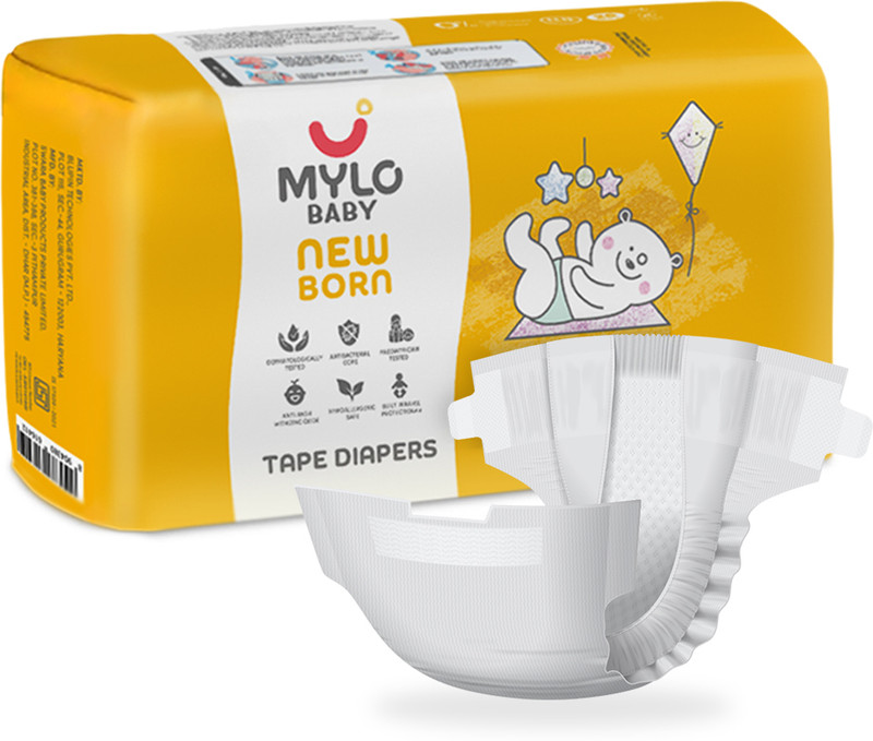 MYLO Baby Tape Diapers | 12 Hrs Protection with Wetness Indicator | Rash-Free - New Born(26 Pieces)