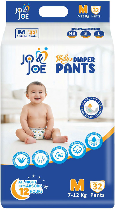 Jo & Joe Baby Diaper Pants with 12hrs Absorption, Breathable, Medium (7-12kg),Pack of 1 - M(32 Pieces)