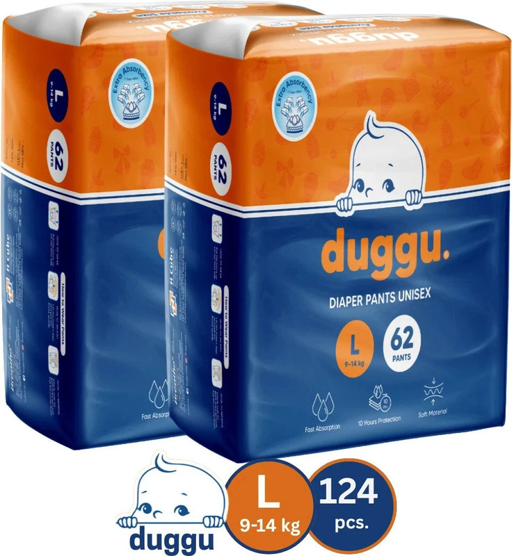 Duggu Soft Baby Diaper Pants | 9-14 kg | Up to 10 Hours Absorption | Pack of 2 - L(124 Pieces)
