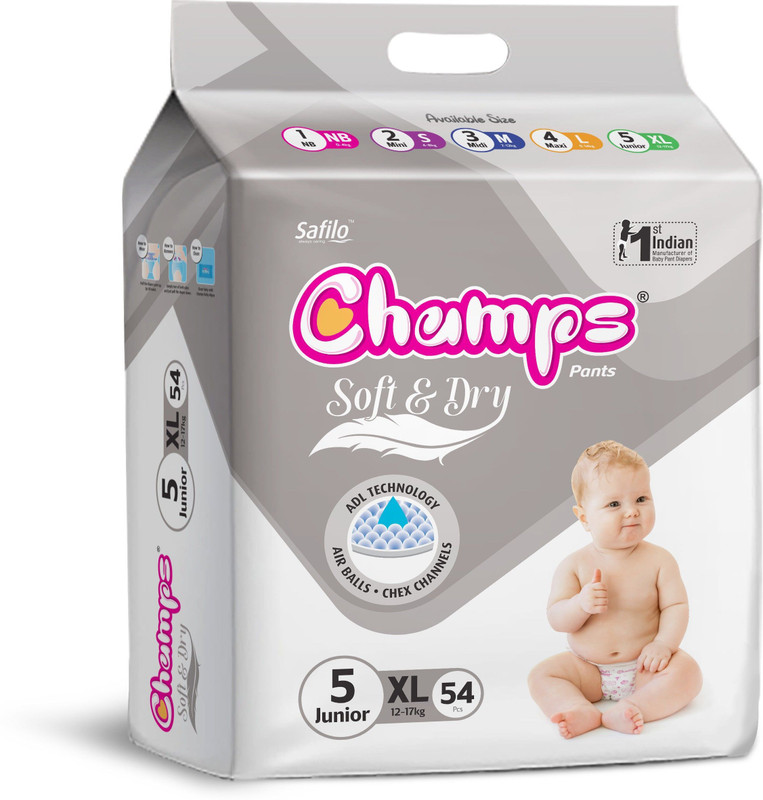 Champs Soft and Dry Baby Diaper Pants|Pack of 1 - XL(54 Pieces)
