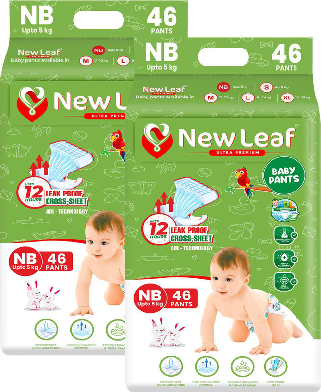 Newleaf Baby Diaper Pants 12hrs Absorption, ADL, Newborn (up to 5kg), Jumbo Pack of 2 - New Born(92 Pieces)