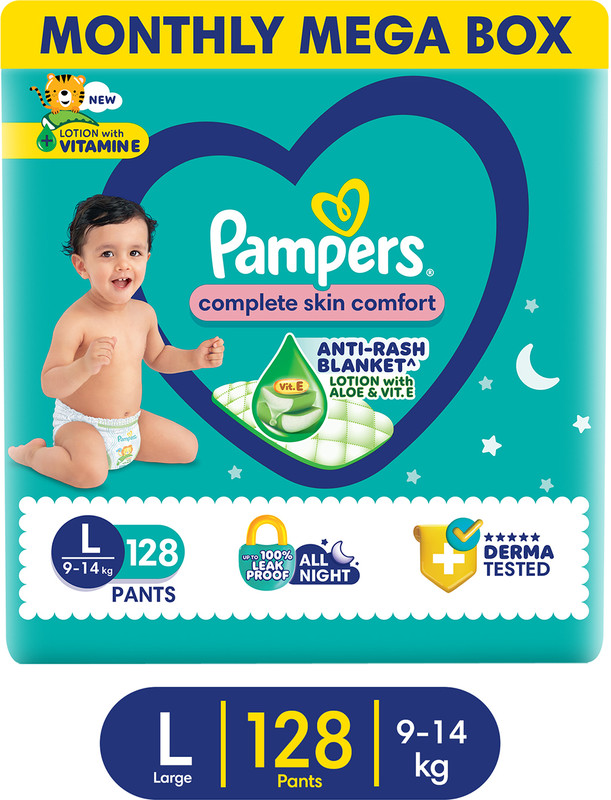 Pampers Complete Skin Comfort Pants, Anti-rash blanket, Lotion with VitaminE & Aloe Vera - L(128 Pieces)