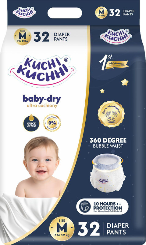 KUCHI KUCHHI Baby Diapers M-32 | Breathable, Soft & Leak-Proof | Comfortable Fit for Babies - M(32 Pieces)