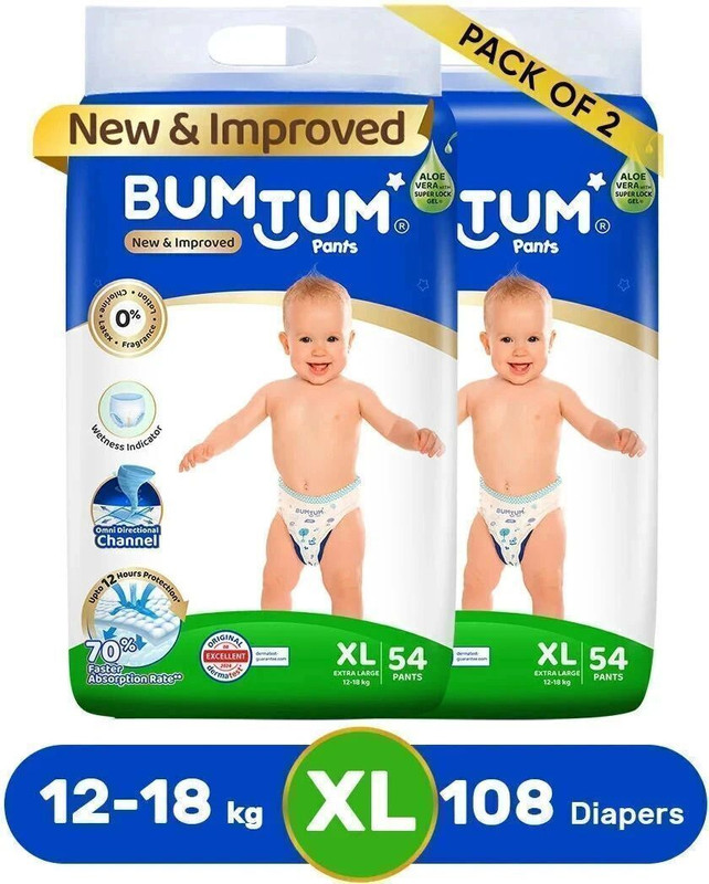 BUMTUM Baby Diaper Pants Double Layer Leakage Protection High Absorb Technology - XL(108 Pieces)