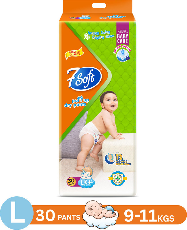 7 Soft Premium Baby Pull-Up Dry Pants| L Size (9–11 kg) Ultra Soft, 12H Leak Protection - L(30 Pieces)