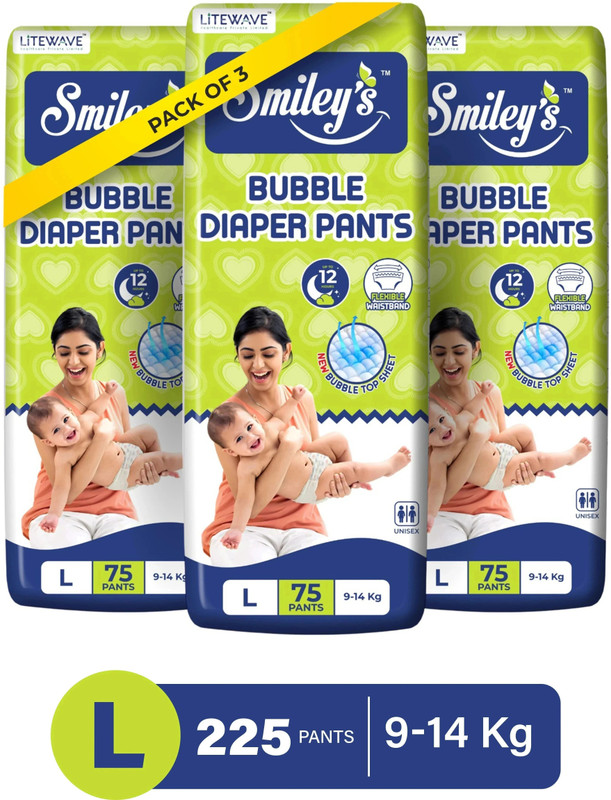 LITEWAVE Smiley's L Size Bubble Baby Diaper Pants with Flexible Waistband | 9-14 kg - L(225 Pieces)