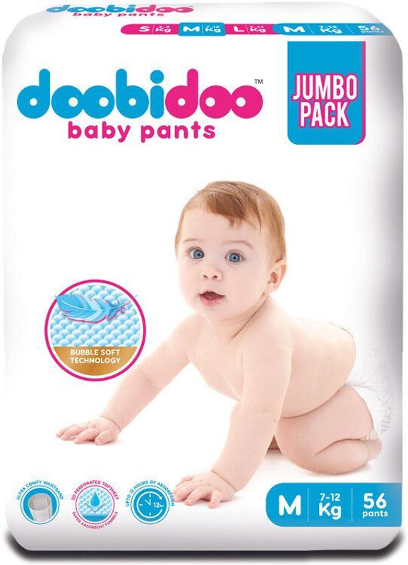 Doobidoo BabyPants Medium Size Rash Free Soft Diapers Anti-Leak Highly Absorbent 7-12Kg - M(56 Pieces)