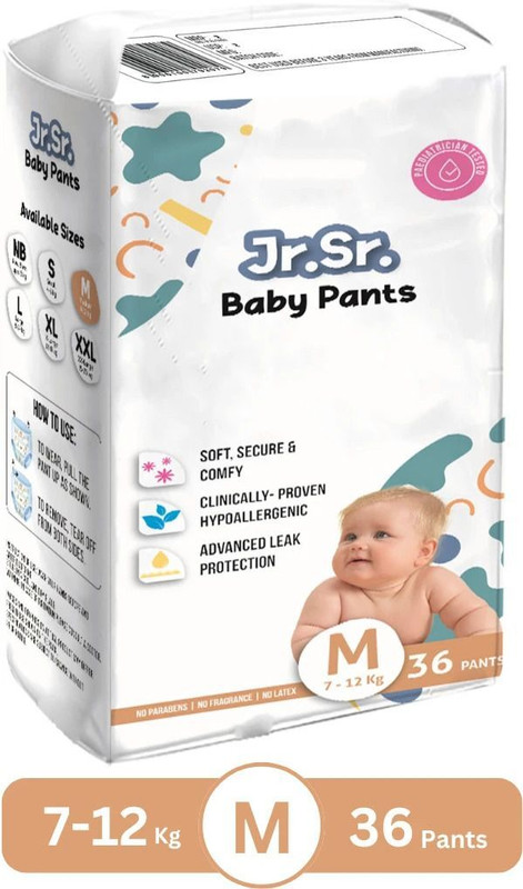 Jr. Sr. Baby Diaper Pants with Advanced Leak Protection | Soft & Comfortable | Pack of 1 - M(36 Pieces)
