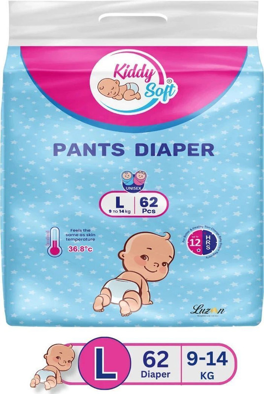 KiddySoft Baby Diaper Pant Style| 5 Layer All Night Leakage Protection & Quick Absorbency - L(62 Pieces)