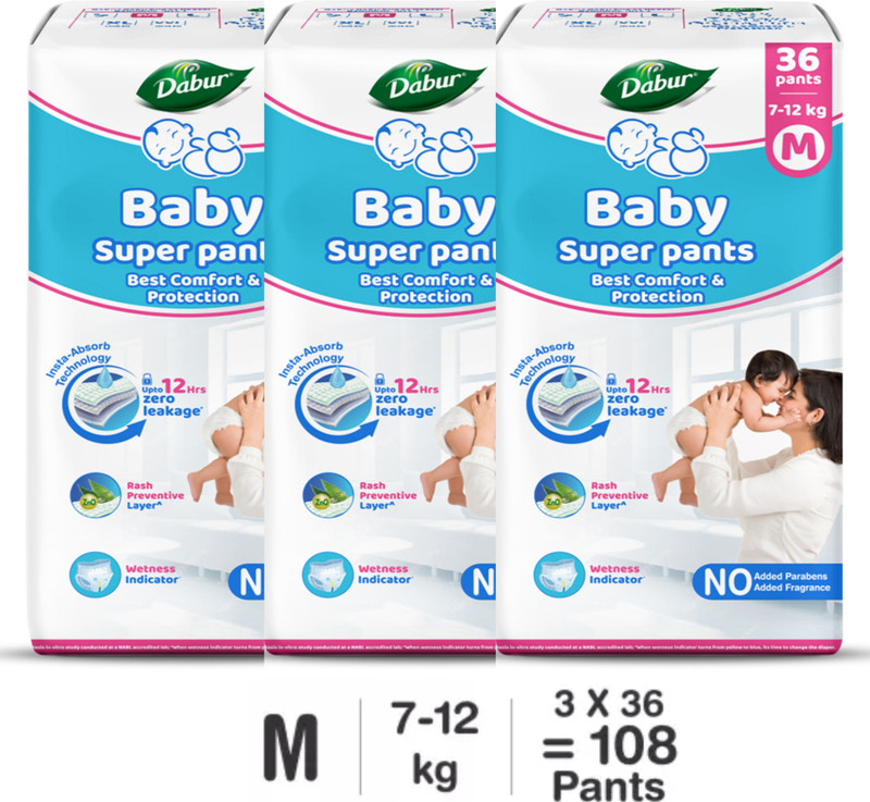 Dabur Baby Super Pants | Diaper Infused with Aloe Vera, Shea Butter & Vitamin E | Insta-Absorb Technology - M(108 Pieces)