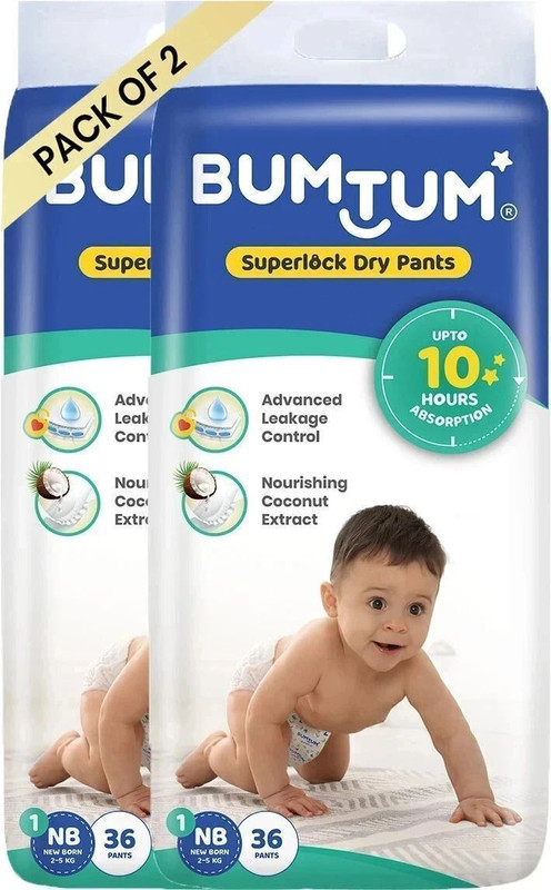 BUMTUM Superlock Diapers Pants with Superlock Gel Technology |Coconut Extracts - New Born(72 Pieces)