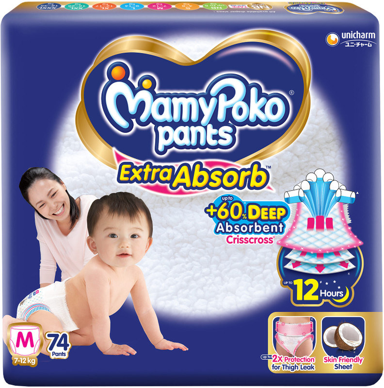 MamyPoko Pants Extra Absorb Baby Diapers, 7-12 kg - M(74 Pieces)