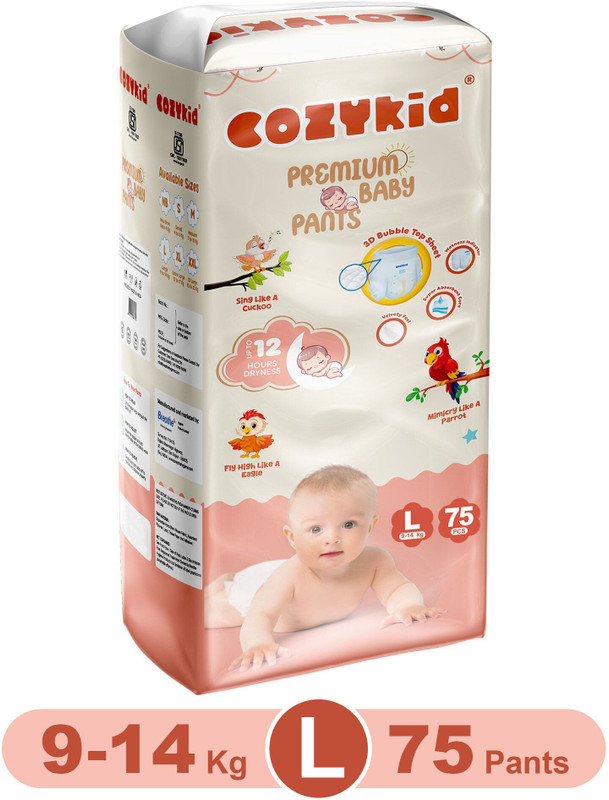 COZYKID Comfort Dry Pull-Up Diaper Pants | 12-Hour Leak Guard & Soothing Rash Protection Pant Diapers - L(75 Pieces)