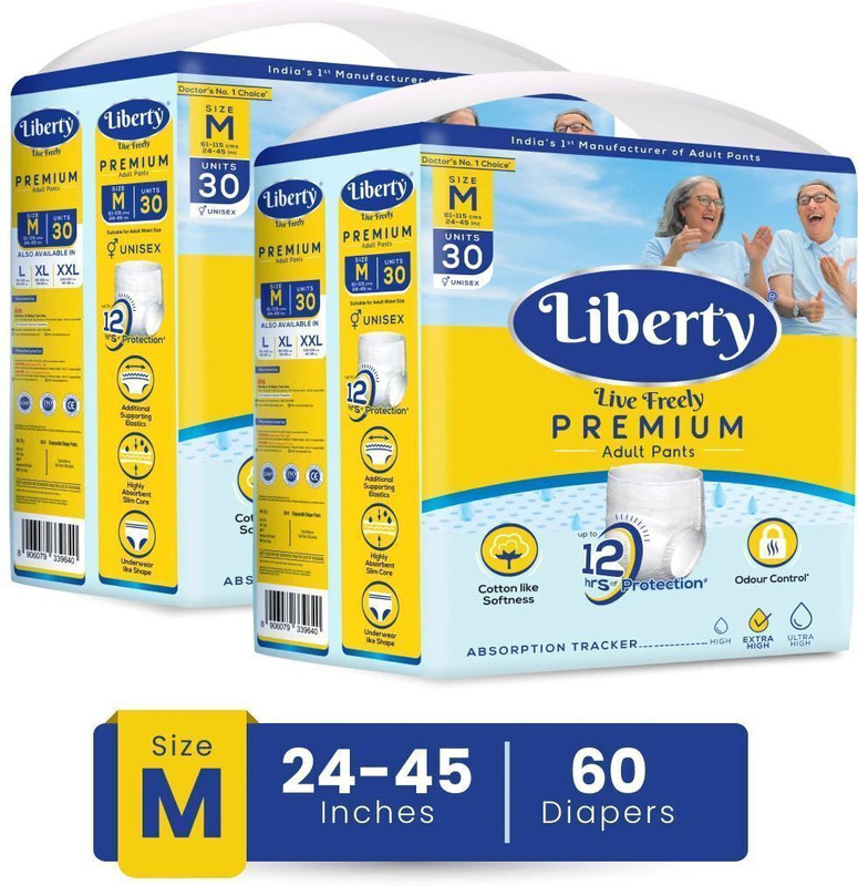 Liberty Premium Adult Diaper Pants, Waist Size (24-45 Inches), 30 Pieces Adult Diapers - M(60 Pieces)