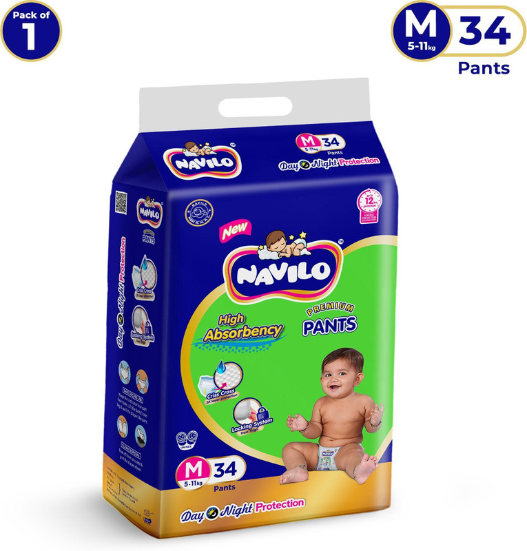 navilo Premium Baby Diaper Pants, 3X Leak Protection, Criss Cross Layer, 5-11kg - M(34 Pieces)