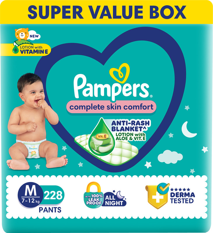 Pampers Complete Skin Comfort Pants, Anti-rash blanket, Lotion with VitaminE & Aloe Vera - M(228 Pieces)