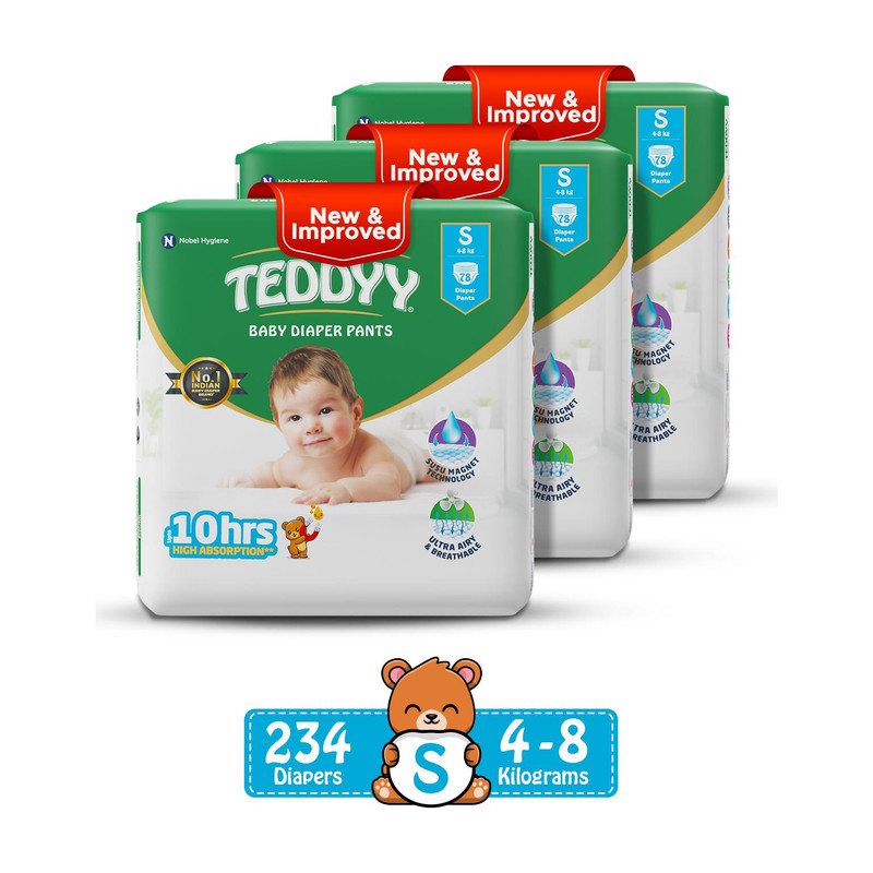 TEDDYY Easy Diaper pants with 3x Faster absorption and Rash protection Pant Diapers - S(234 Pieces)